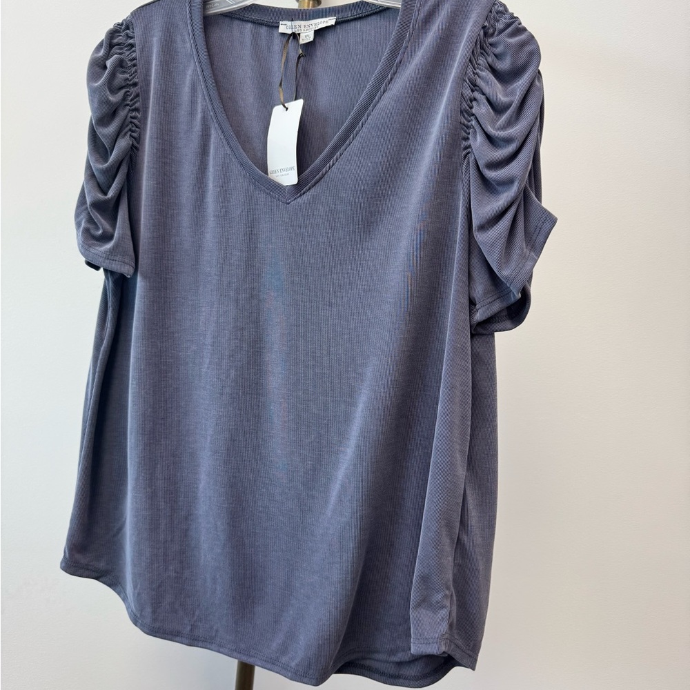 Blue Ruched Short Sleeve Relaxed Blouse